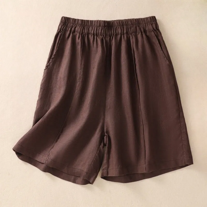 Buddha Stones Summer Solid Elastic Waist Cotton Linen Women's Shorts With Pockets