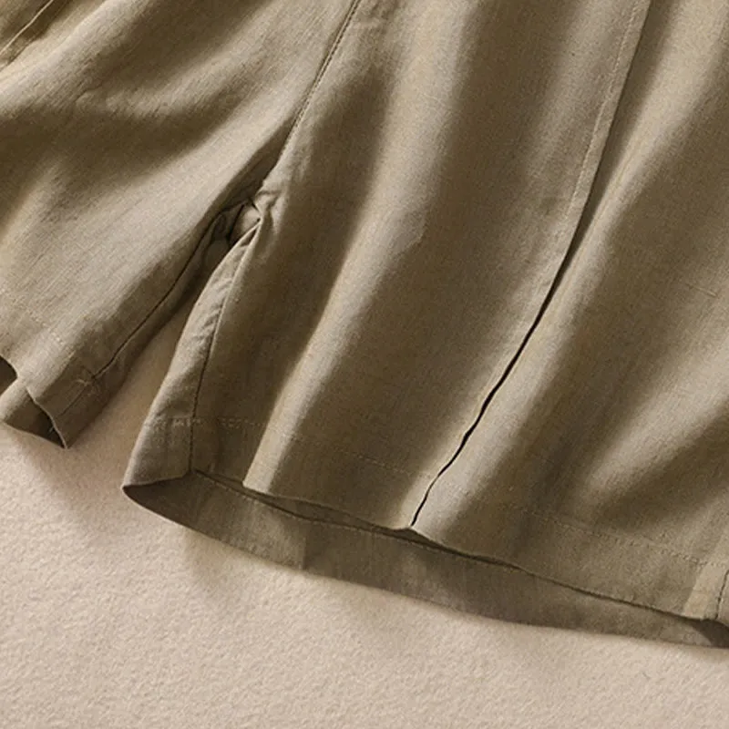 Buddha Stones Summer Solid Elastic Waist Cotton Linen Women's Shorts With Pockets