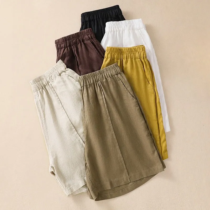Buddha Stones Summer Solid Elastic Waist Cotton Linen Women's Shorts With Pockets