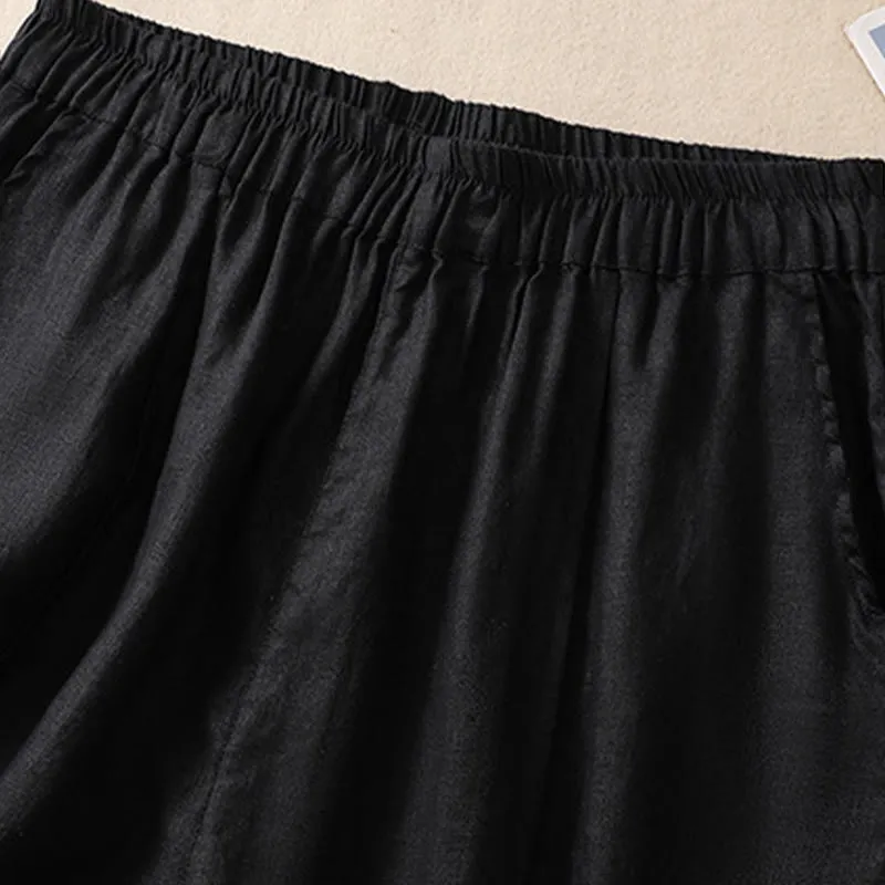 Buddha Stones Summer Solid Elastic Waist Cotton Linen Women's Shorts With Pockets