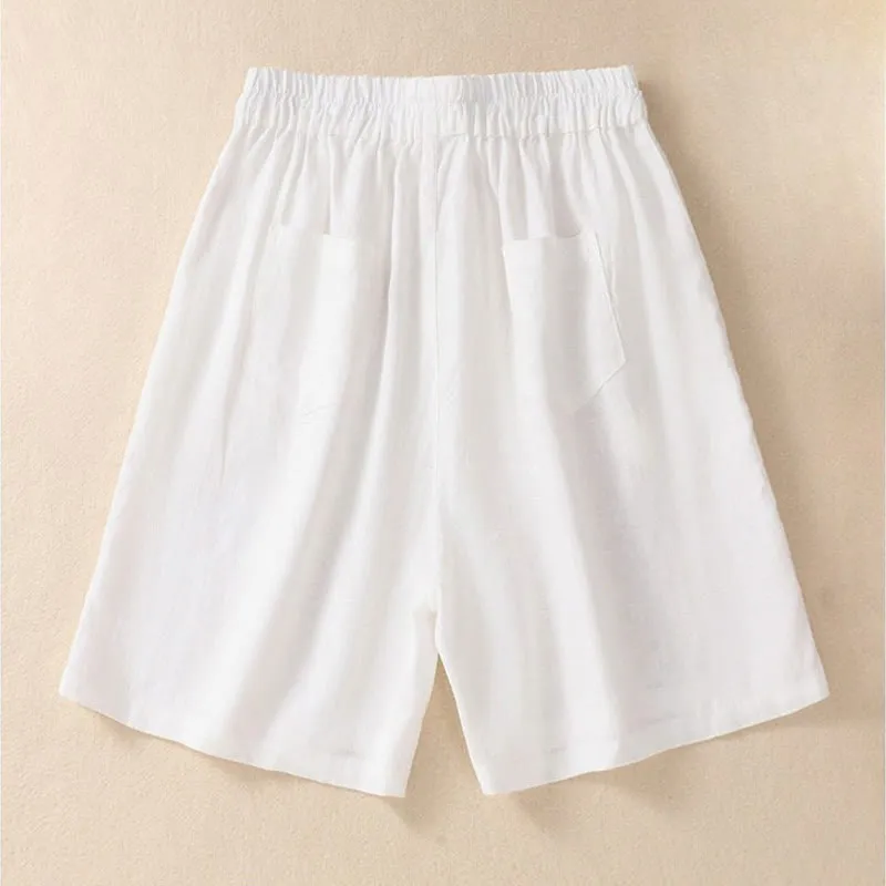 Buddha Stones Summer Solid Elastic Waist Cotton Linen Women's Shorts With Pockets