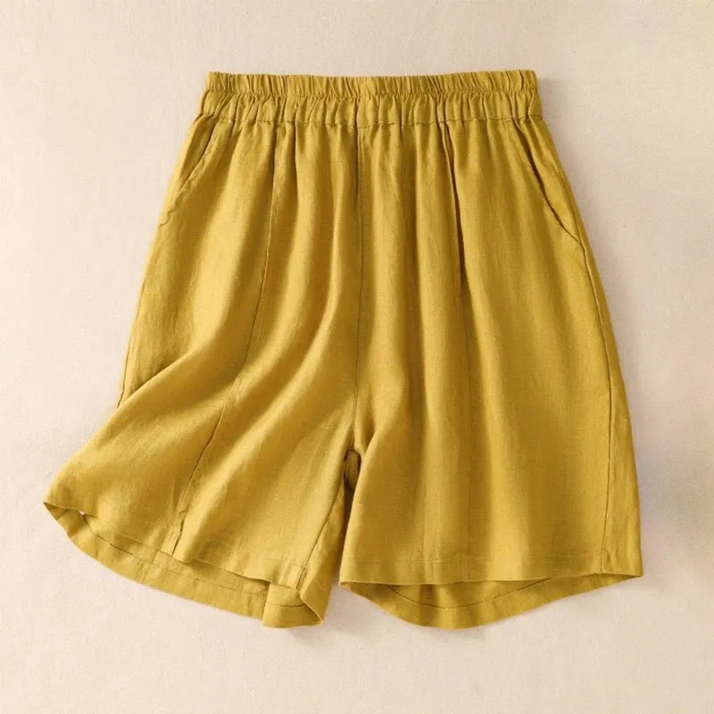 Buddha Stones Summer Solid Elastic Waist Cotton Linen Women's Shorts With Pockets
