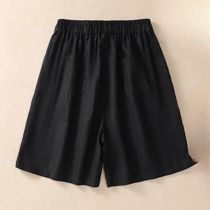 Buddha Stones Summer Solid Elastic Waist Cotton Linen Women's Shorts With Pockets