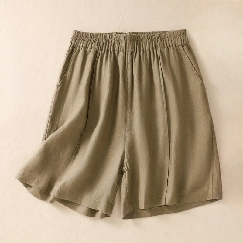 Buddha Stones Summer Solid Elastic Waist Cotton Linen Women's Shorts With Pockets