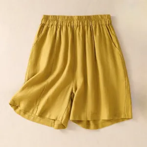 Buddha Stones Summer Solid Elastic Waist Cotton Linen Women's Shorts With Pockets