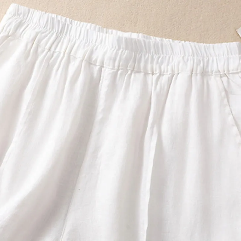 Buddha Stones Summer Solid Elastic Waist Cotton Linen Women's Shorts With Pockets