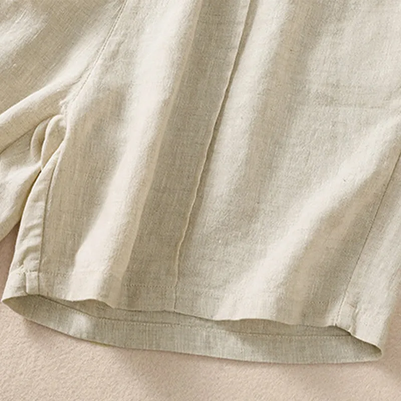 Buddha Stones Summer Solid Elastic Waist Cotton Linen Women's Shorts With Pockets