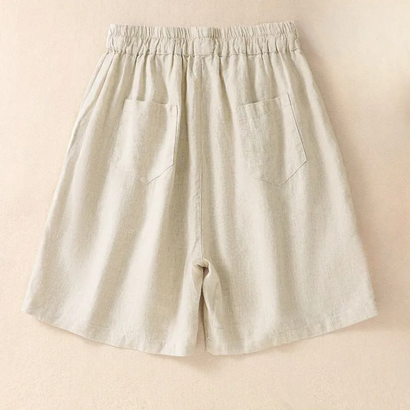 Buddha Stones Summer Solid Elastic Waist Cotton Linen Women's Shorts With Pockets