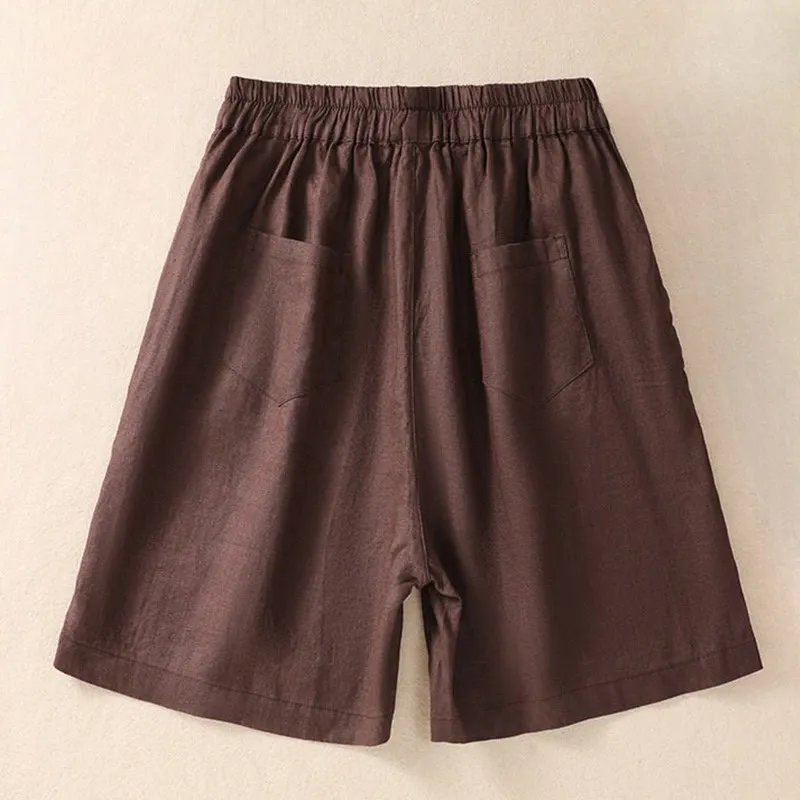 Buddha Stones Summer Solid Elastic Waist Cotton Linen Women's Shorts With Pockets