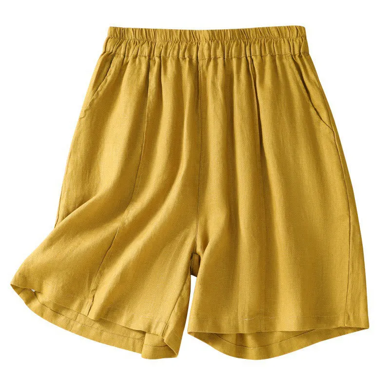 Buddha Stones Summer Solid Elastic Waist Cotton Linen Women's Shorts With Pockets