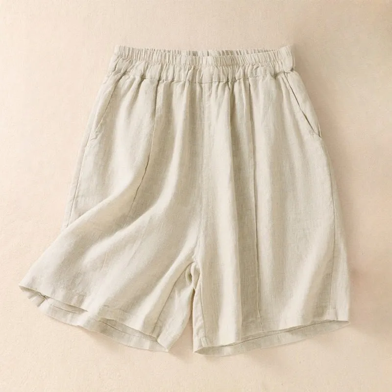 Buddha Stones Summer Solid Elastic Waist Cotton Linen Women's Shorts With Pockets