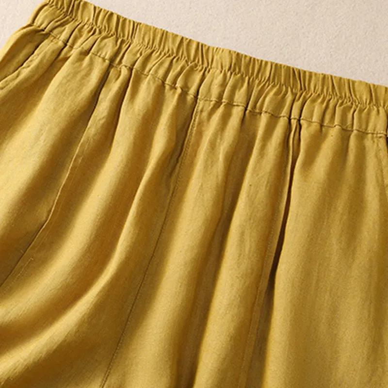 Buddha Stones Summer Solid Elastic Waist Cotton Linen Women's Shorts With Pockets