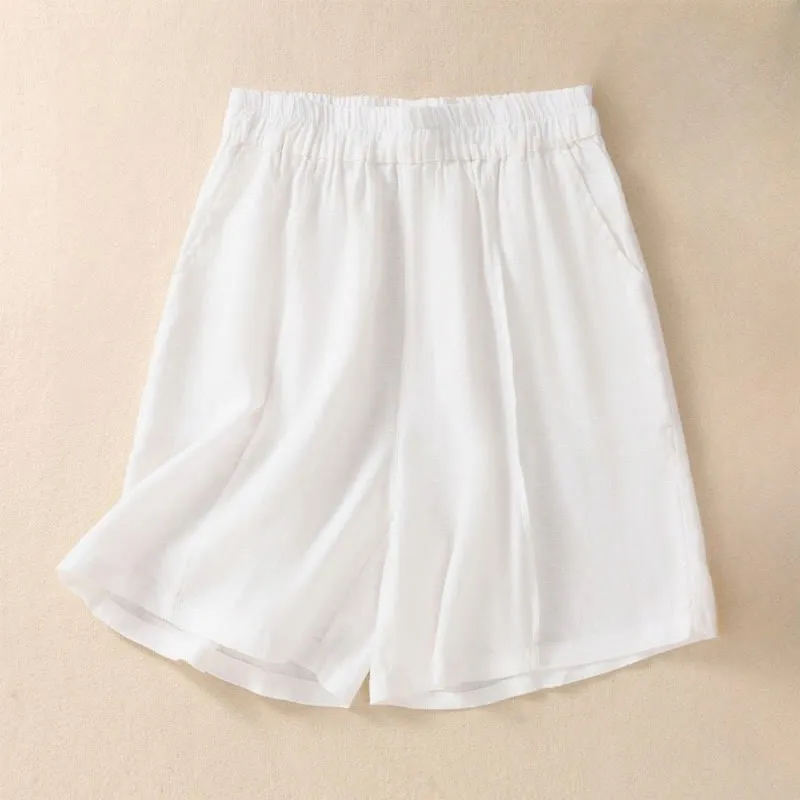 Buddha Stones Summer Solid Elastic Waist Cotton Linen Women's Shorts With Pockets