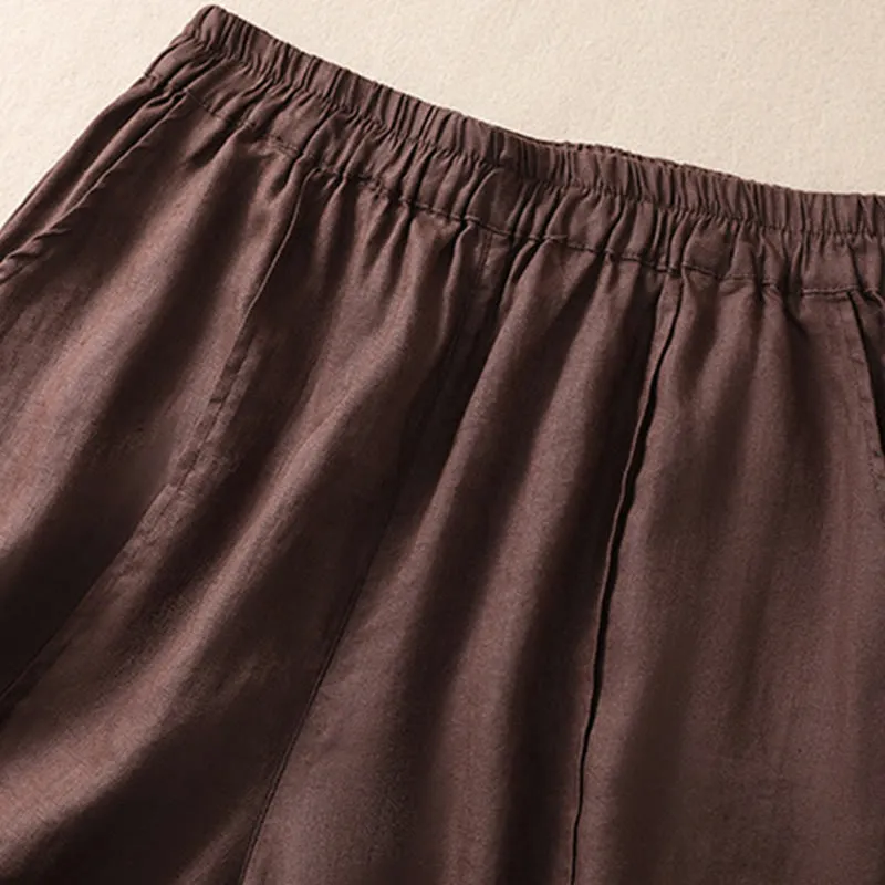 Buddha Stones Summer Solid Elastic Waist Cotton Linen Women's Shorts With Pockets