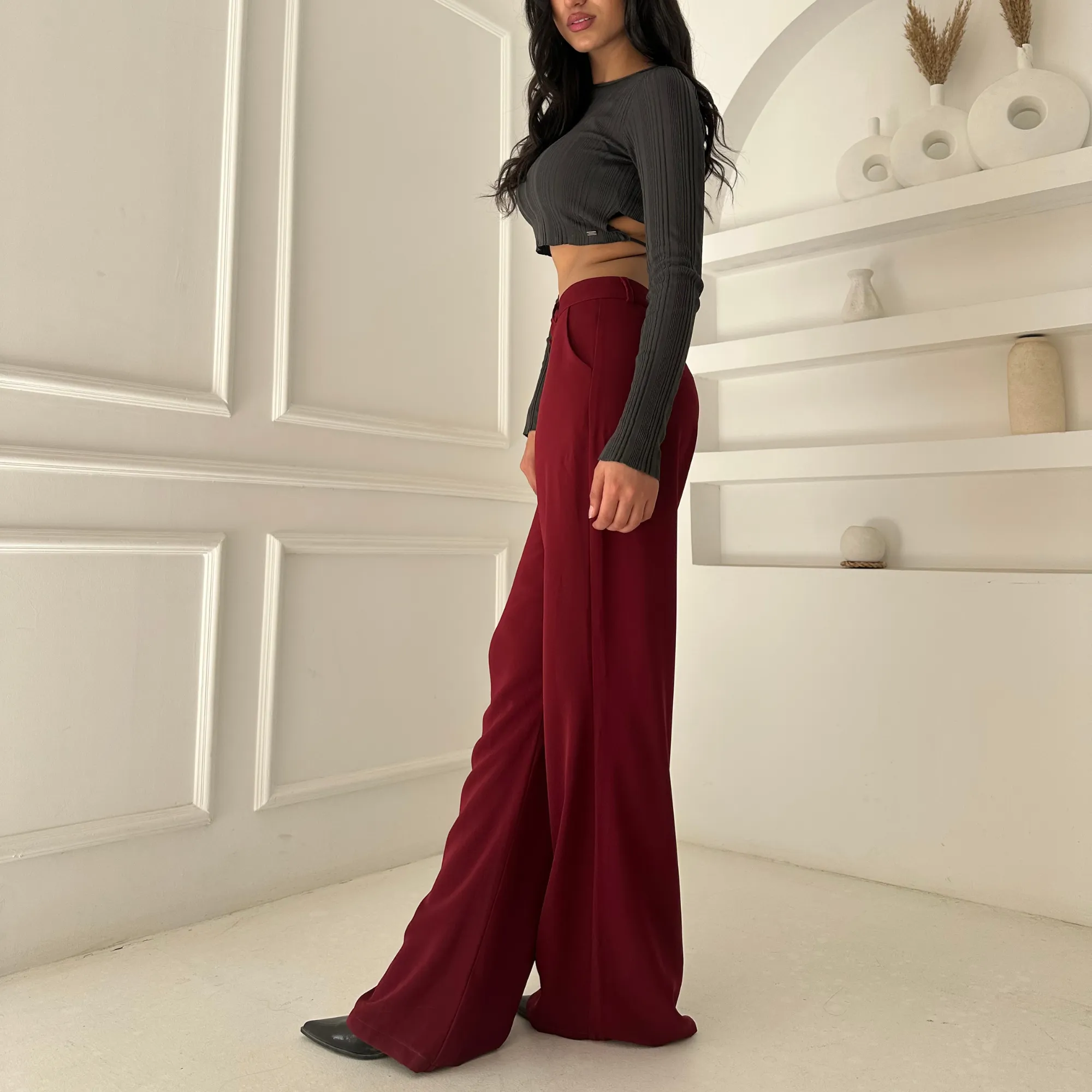 Burgundy Chic Tailored Wide-Leg Pants