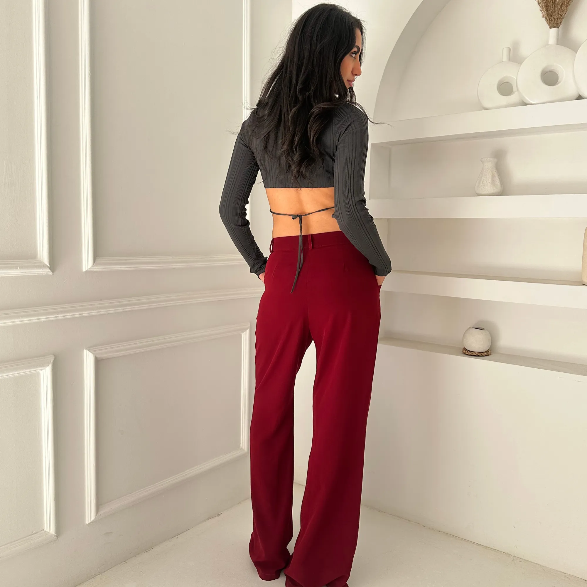 Burgundy Chic Tailored Wide-Leg Pants