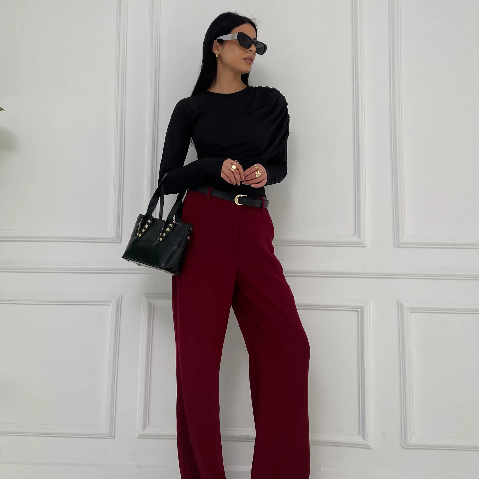 Burgundy Chic Tailored Wide-Leg Pants