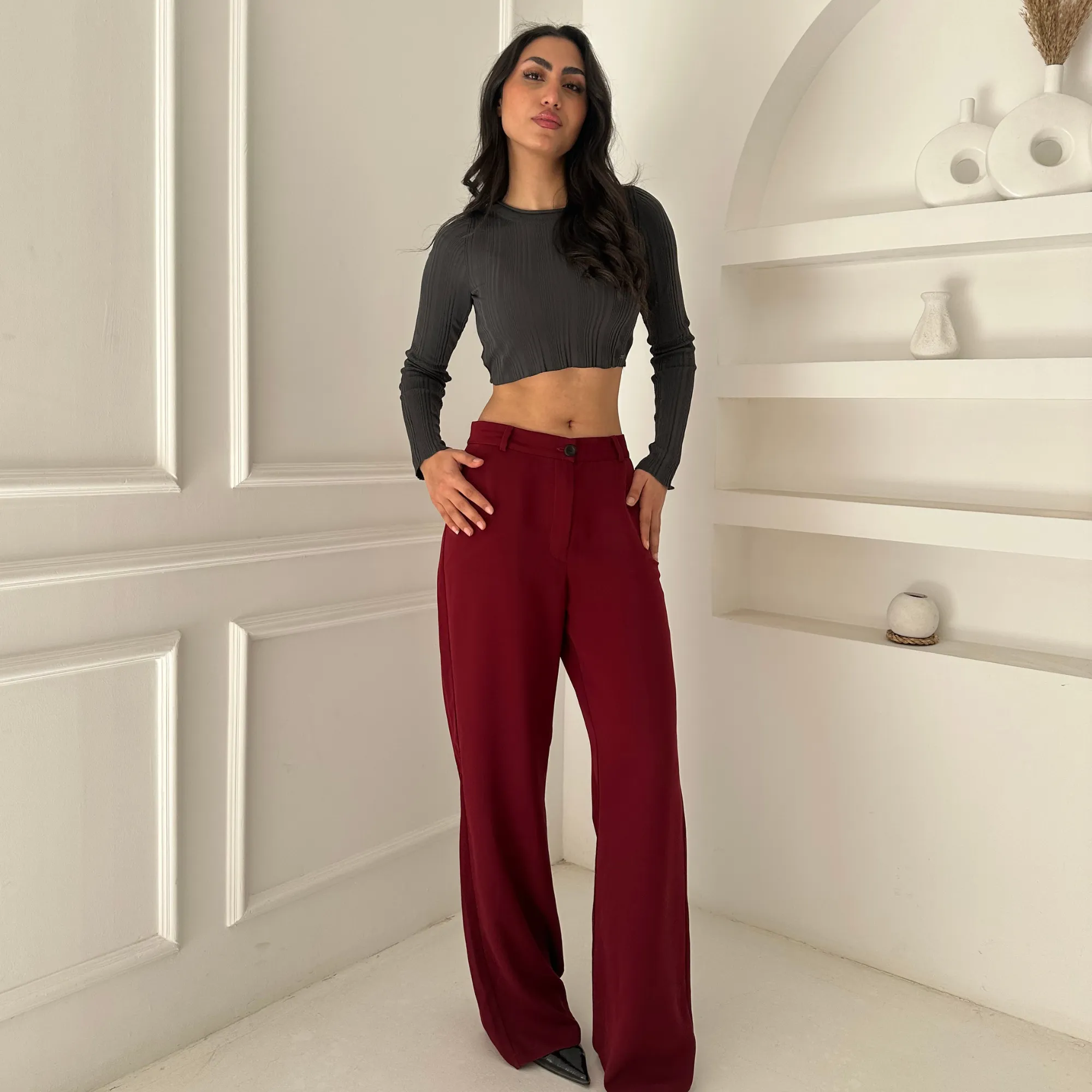 Burgundy Chic Tailored Wide-Leg Pants