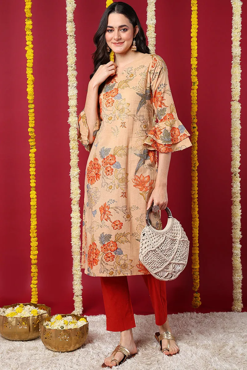 Chikoo Brown Occasion Wear Cotton Fabric Printed Stylish Kurti VCK1174