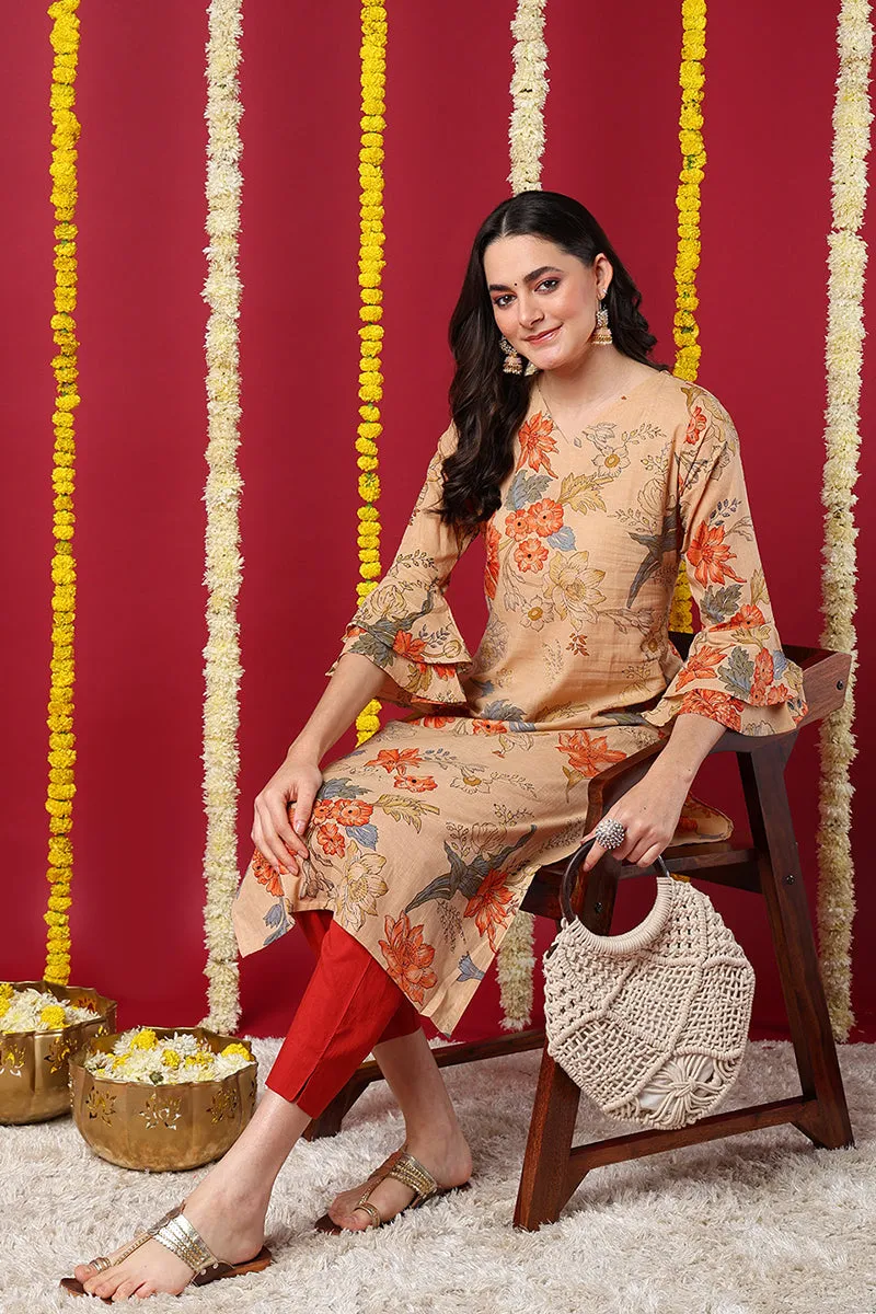 Chikoo Brown Occasion Wear Cotton Fabric Printed Stylish Kurti VCK1174