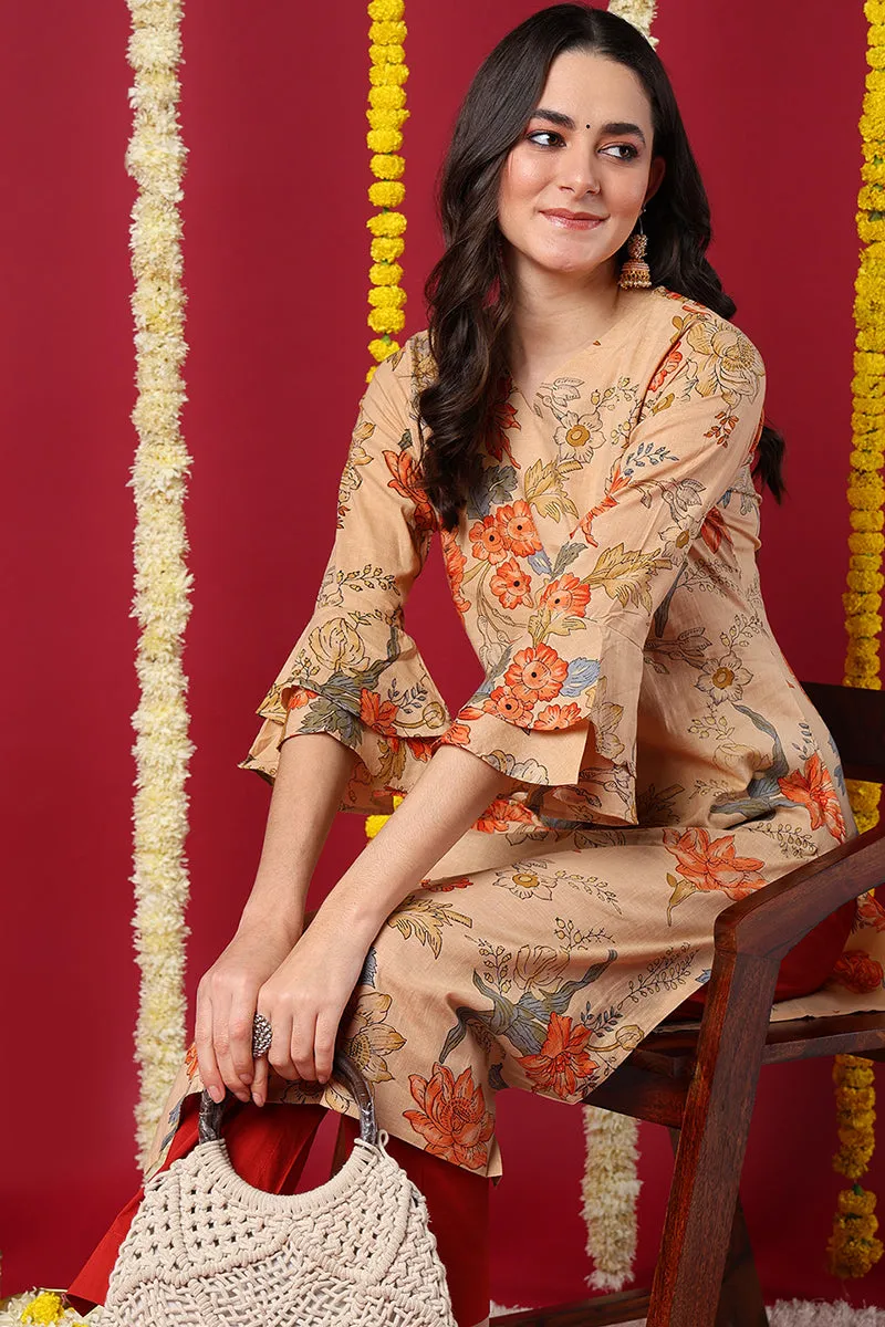 Chikoo Brown Occasion Wear Cotton Fabric Printed Stylish Kurti VCK1174