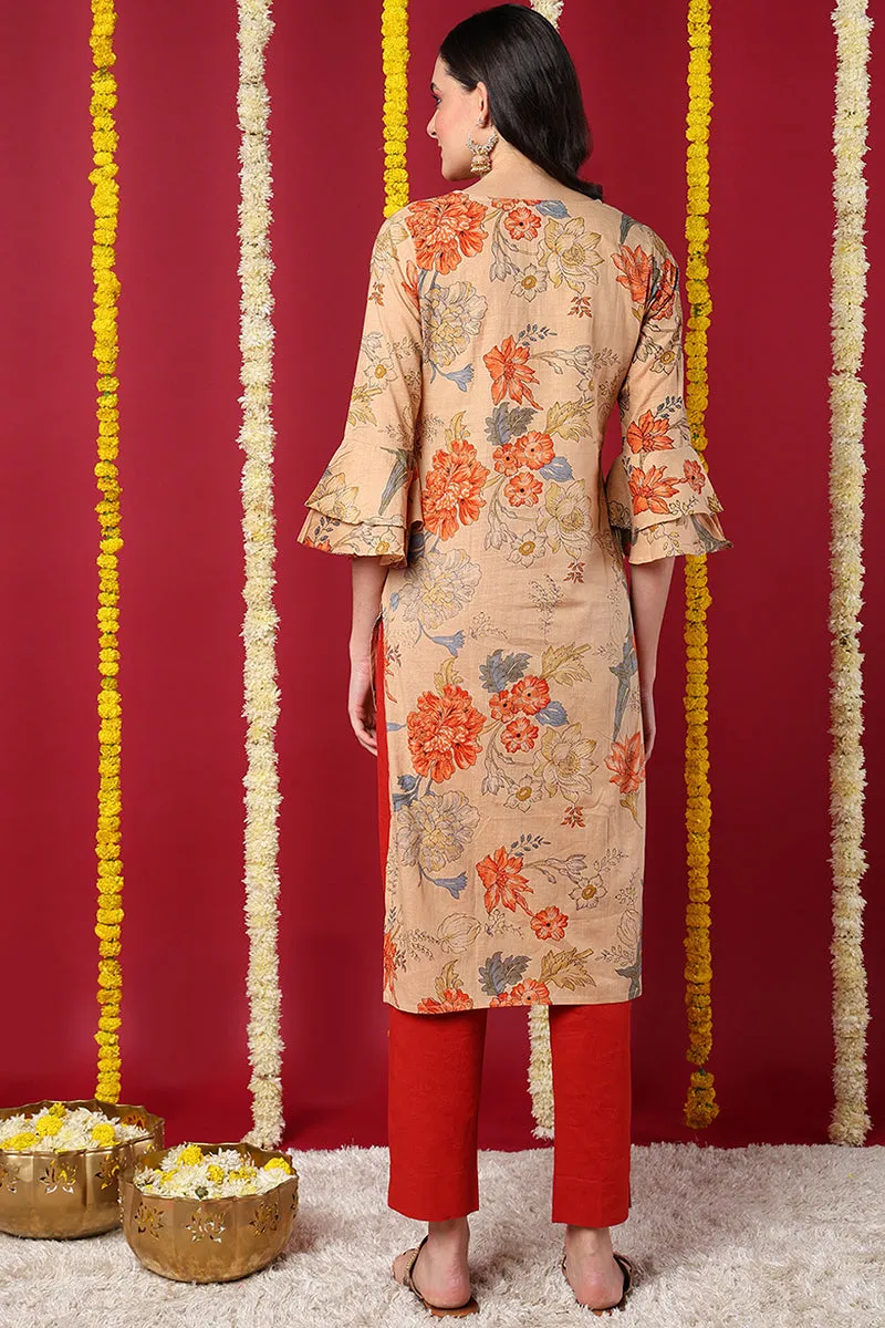 Chikoo Brown Occasion Wear Cotton Fabric Printed Stylish Kurti VCK1174