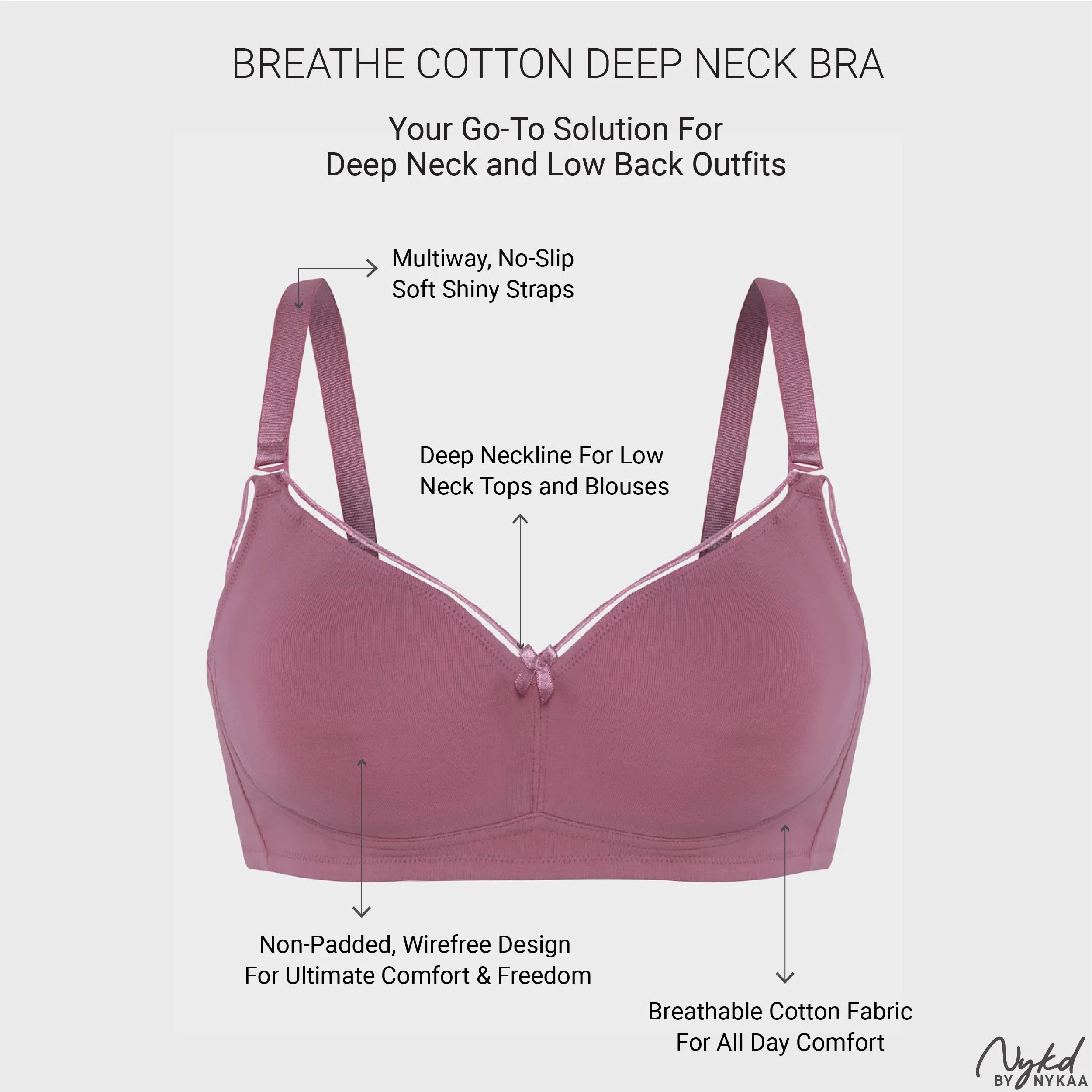 Cotton Deep Neck Non Padded Non Wired Bra with Low Back-NYB391-Blush
