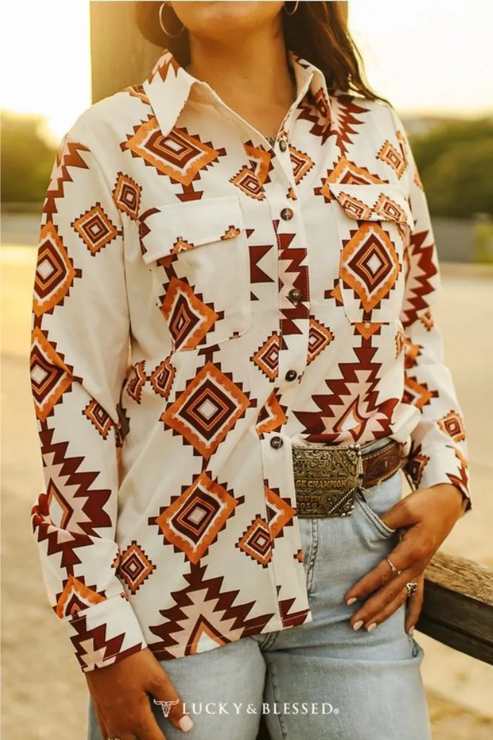 Cream Aztec Button Down Long Sleeve Top
