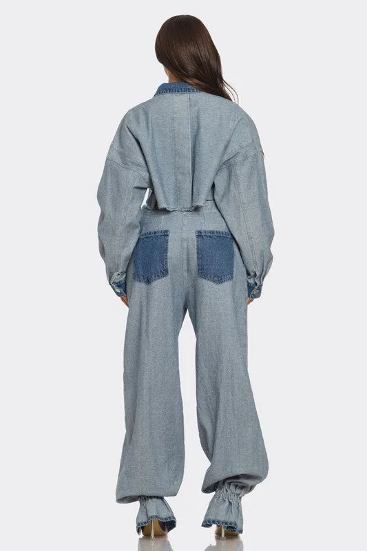 Cropped Contrast Denim Jacket Set