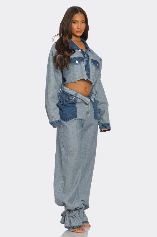 Cropped Contrast Denim Jacket Set