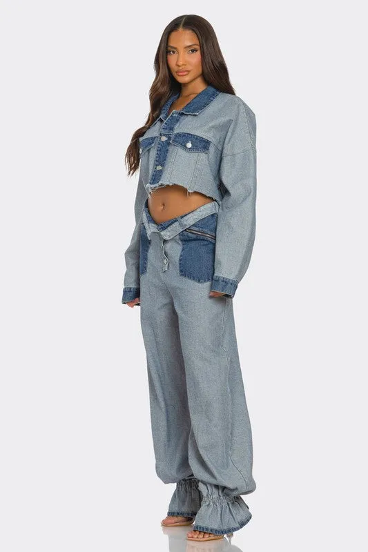 Cropped Contrast Denim Jacket Set