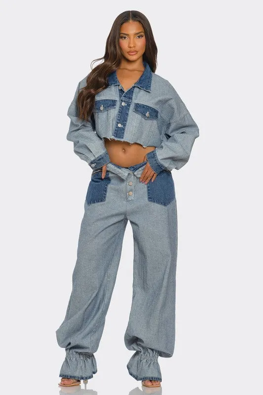 Cropped Contrast Denim Jacket Set