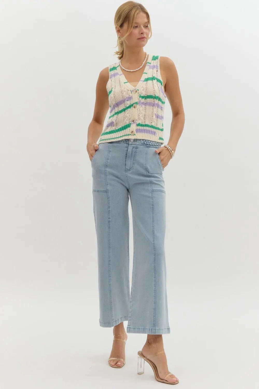 Cropped Wide Leg Denim Pant with Braided Waistband