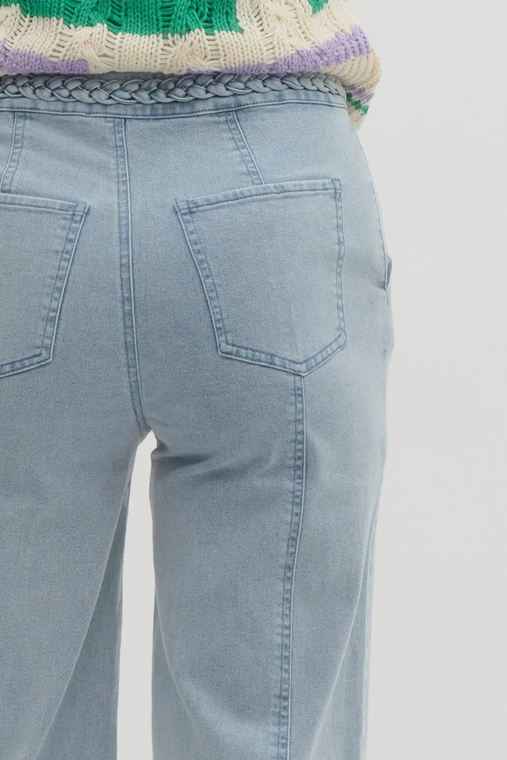 Cropped Wide Leg Denim Pant with Braided Waistband