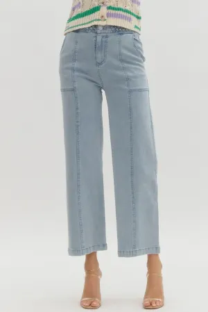Cropped Wide Leg Denim Pant with Braided Waistband