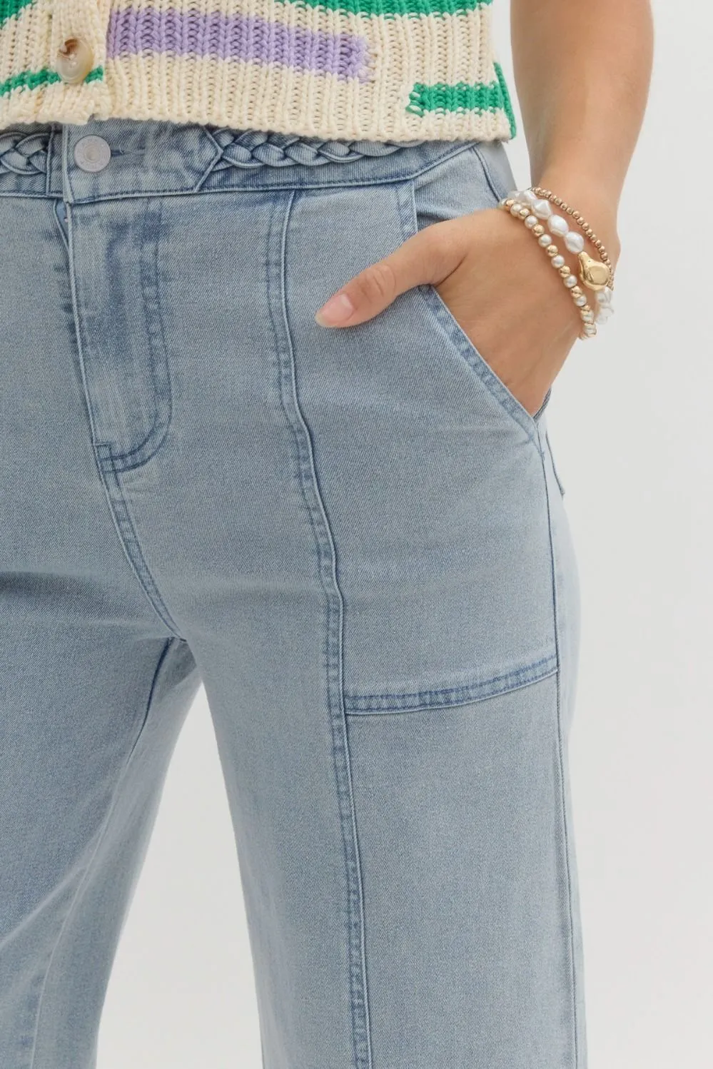 Cropped Wide Leg Denim Pant with Braided Waistband