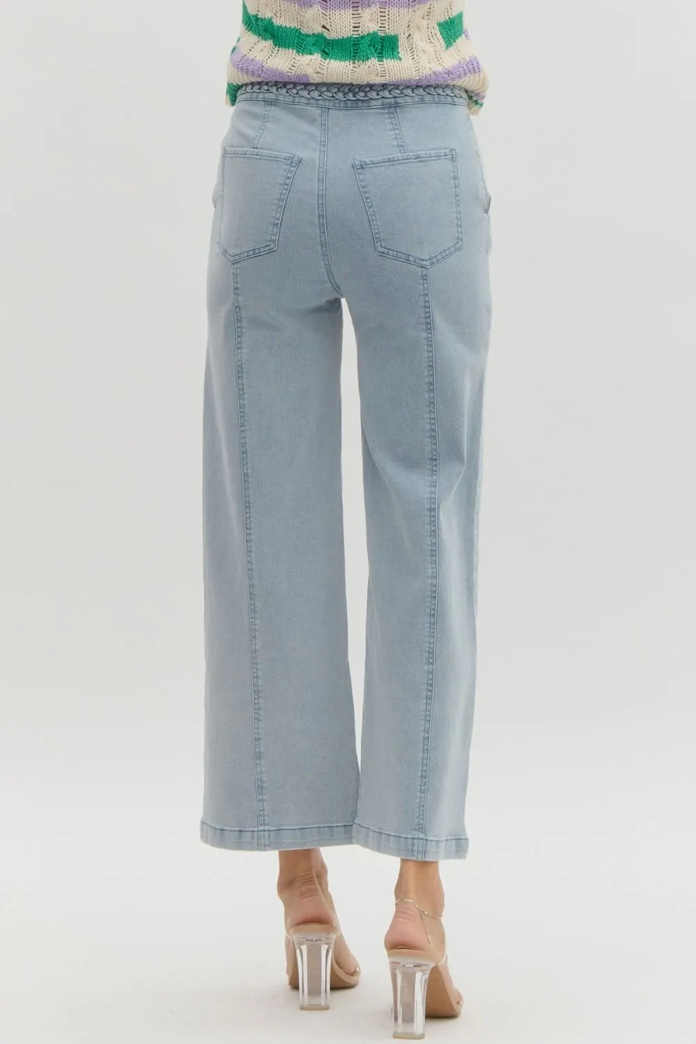 Cropped Wide Leg Denim Pant with Braided Waistband