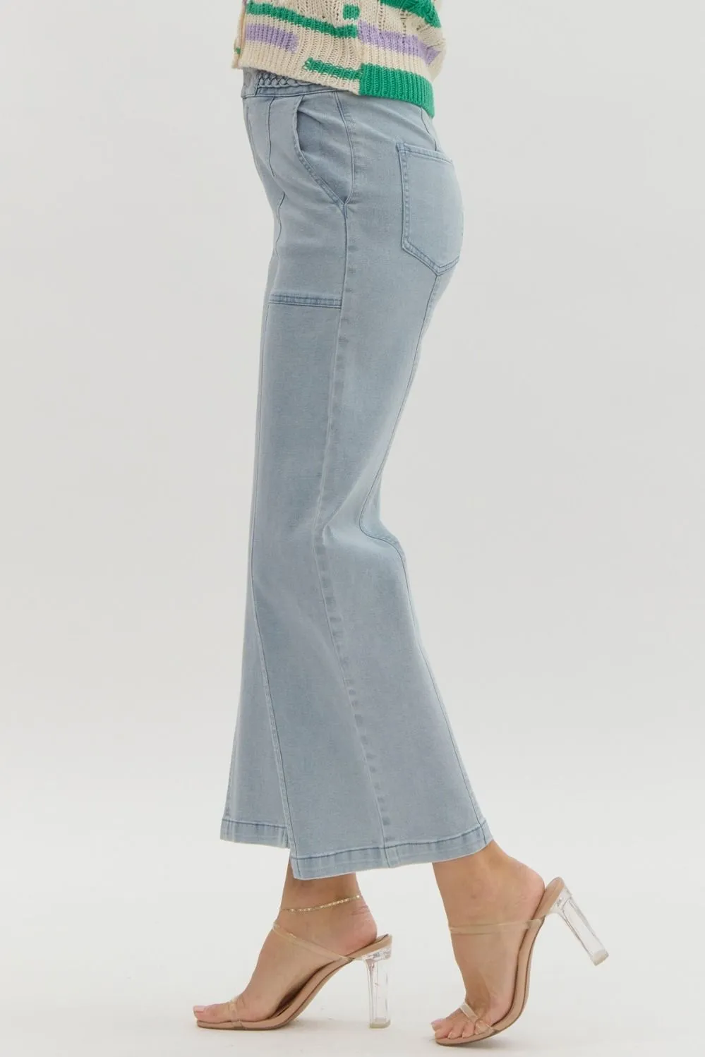 Cropped Wide Leg Denim Pant with Braided Waistband