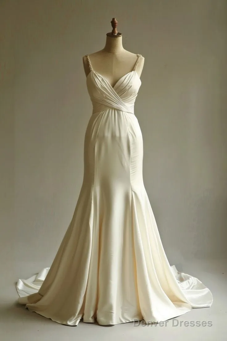 Elegant Champagne Mermaid Satin V-Neck Long Prom Dress Spaghetti Strap Beaded Wedding Dress