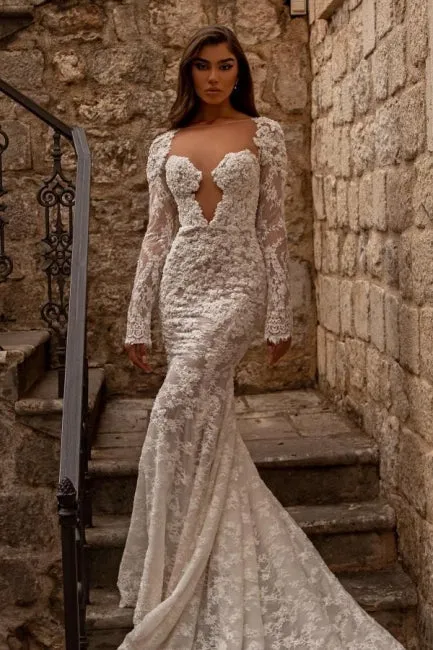 Elegant sweetheart longsleeves mermaid lace Wedding dresses