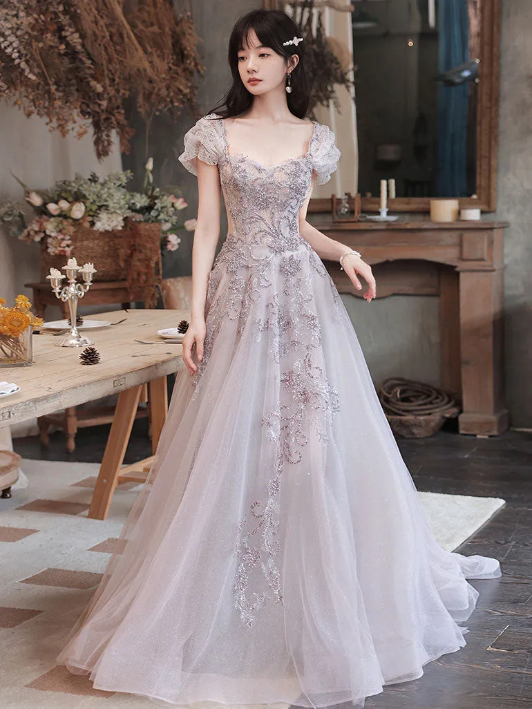 Elegant Tulle Sequin Beads Long Prom Dress Tulle Formal Dress