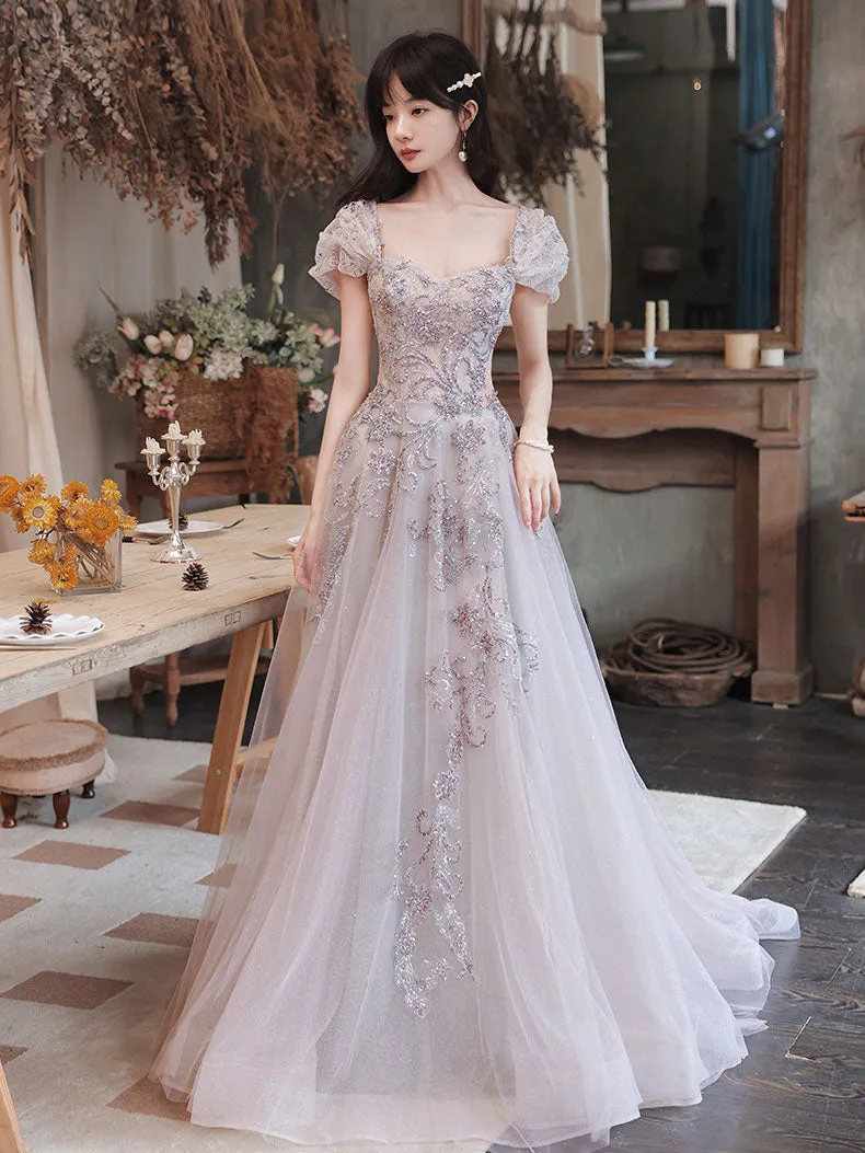 Elegant Tulle Sequin Beads Long Prom Dress Tulle Formal Dress