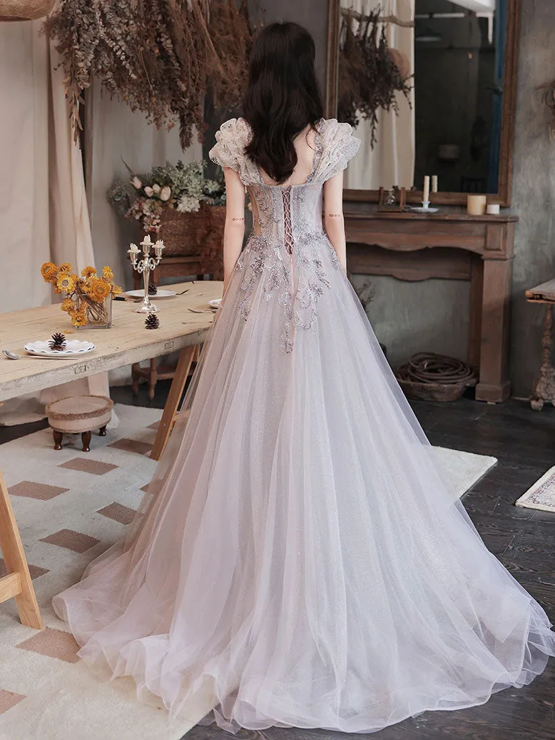 Elegant Tulle Sequin Beads Long Prom Dress Tulle Formal Dress