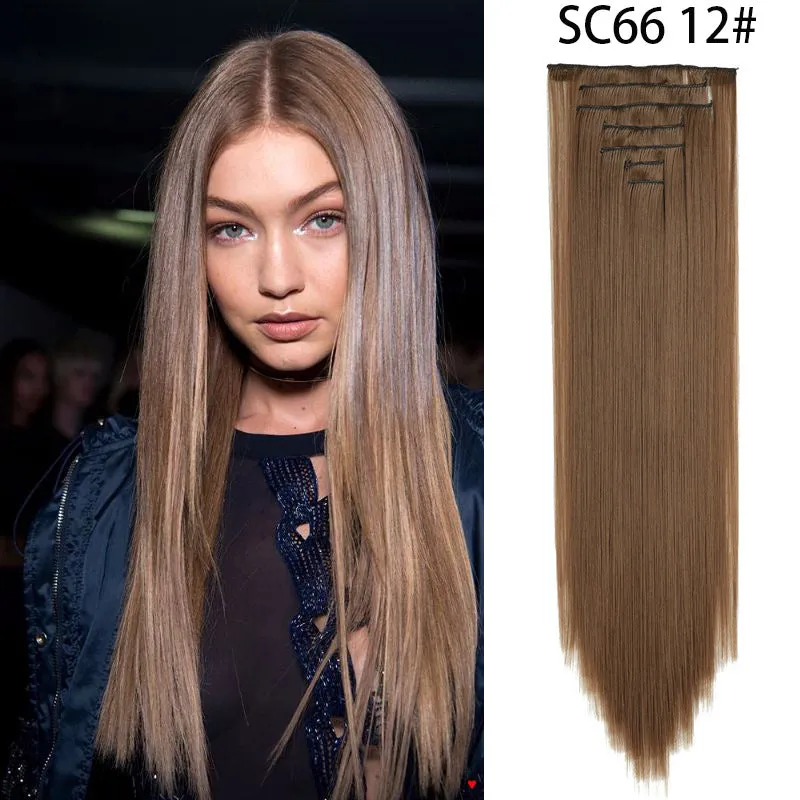 European and American Style Seamless Clip-In Hair Extensions – 7-Piece Set – Long Straight Synthetic Wig – Heat-Resistant Fiber – Multiple Colors