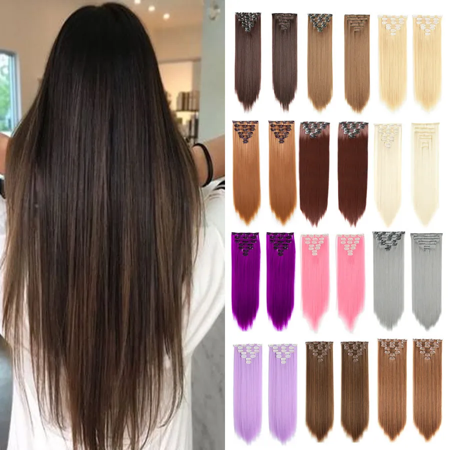 European and American Style Seamless Clip-In Hair Extensions – 7-Piece Set – Long Straight Synthetic Wig – Heat-Resistant Fiber – Multiple Colors