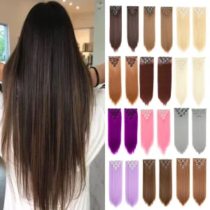 European and American Style Seamless Clip-In Hair Extensions – 7-Piece Set – Long Straight Synthetic Wig – Heat-Resistant Fiber – Multiple Colors