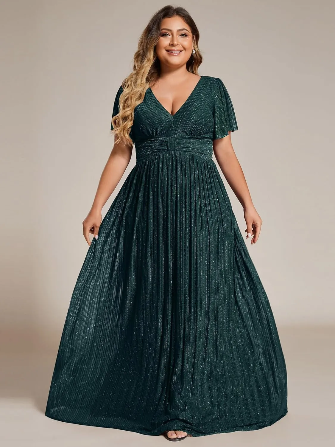 Ever-Pretty Women's A Line V Neck Glitter Short Sleeves Pleated Plus Size Formal Evening Dresses 11961-DA