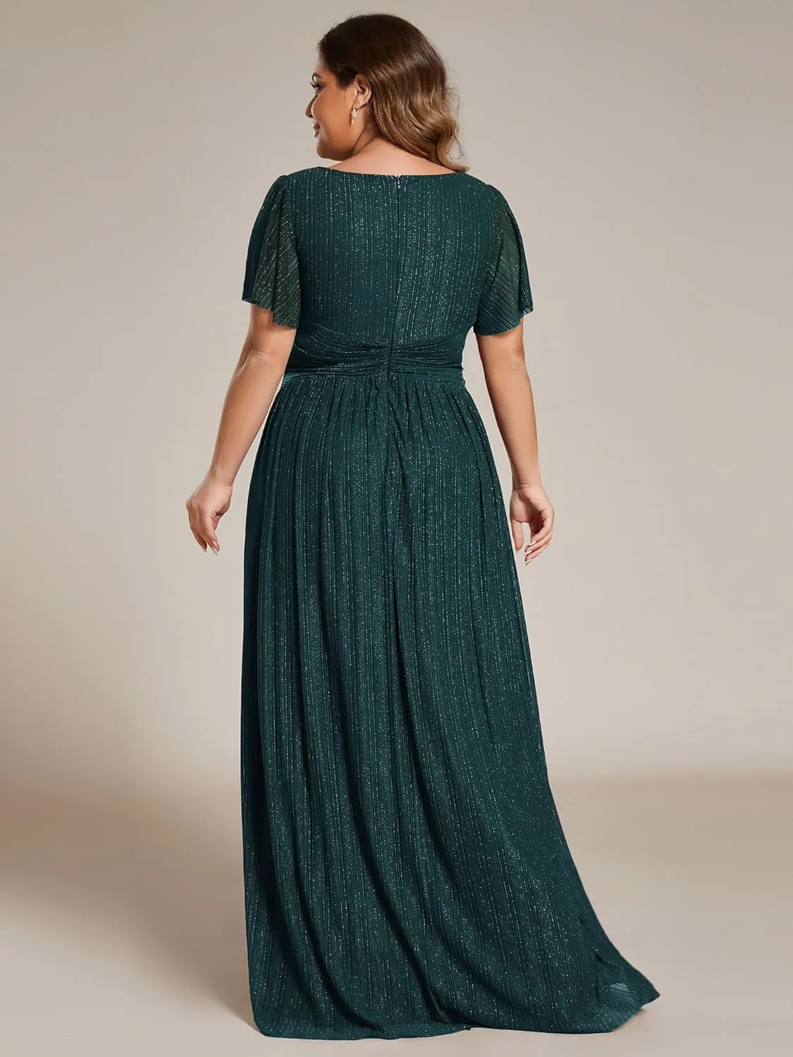Ever-Pretty Women's A Line V Neck Glitter Short Sleeves Pleated Plus Size Formal Evening Dresses 11961-DA