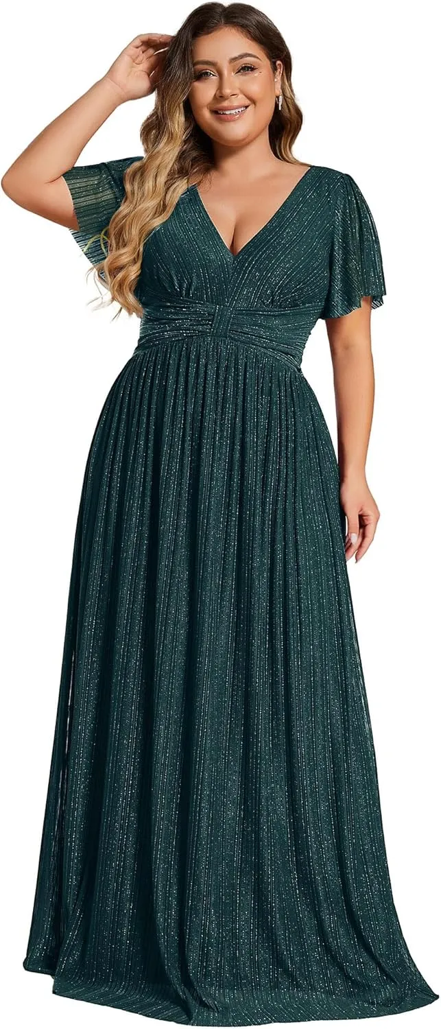 Ever-Pretty Women's A Line V Neck Glitter Short Sleeves Pleated Plus Size Formal Evening Dresses 11961-DA