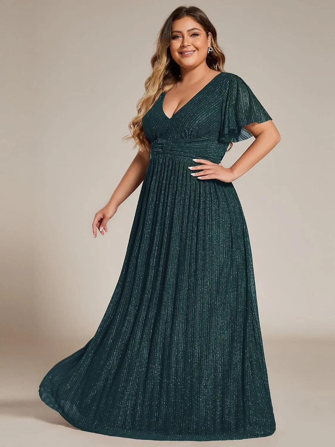 Ever-Pretty Women's A Line V Neck Glitter Short Sleeves Pleated Plus Size Formal Evening Dresses 11961-DA